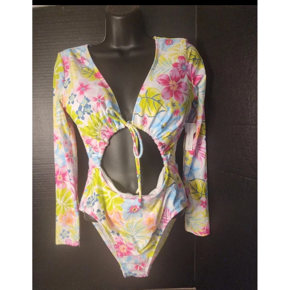 Celebrity Pink Long Sleeve One Piece Swimsuit Tropical Floral Cutout NWT